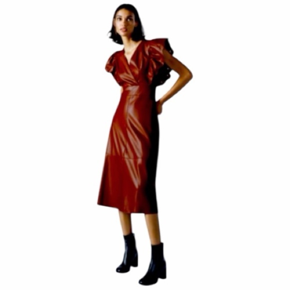 Zara Red Faux Leather Ruffle Sleeve Long Maxi Dress Size XS